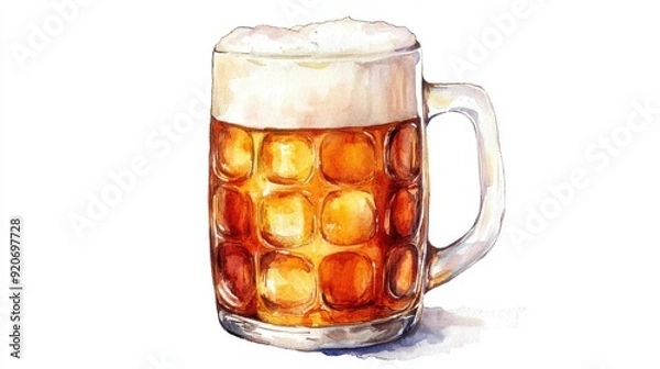 Fototapeta A watercolor stein of beer with frothy top, golden tones, isolated on white background