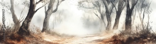 Obraz A watercolor painting of a creepy forest path with fog and shadows, spooky and atmospheric, isolated on white background