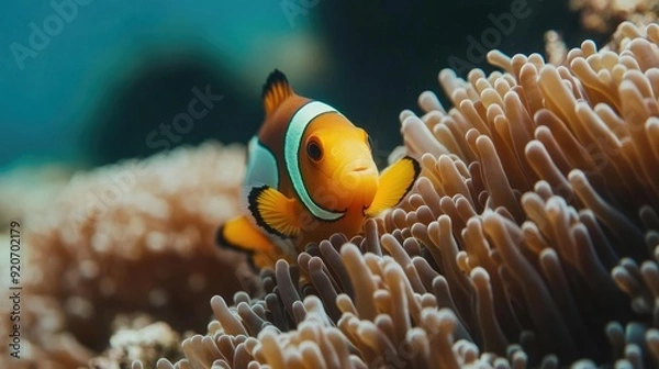 Obraz Amphiprion ocellaris clownfish and anemone in sea.