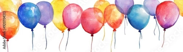Fototapeta A watercolor of balloons during a mass ascension event, sky filled with colors, isolated on white background