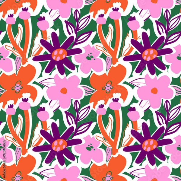 Fototapeta Various abstract flowers on a green background seamless pattern. Bright floral ornament in the style of naive art.