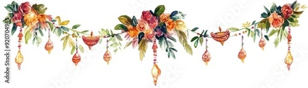 Obraz Watercolor painting of a Diwali toran hanging at the entrance, festive and welcoming, isolated on white background