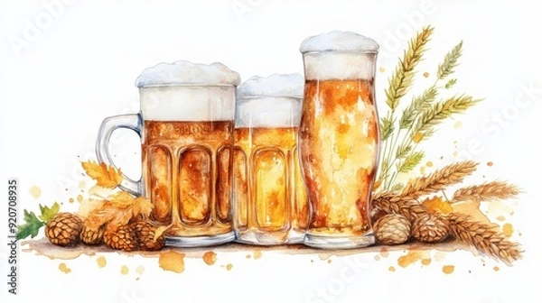 Fototapeta A watercolor illustration of a vintage Oktoberfest poster, nostalgic style, isolated on white background