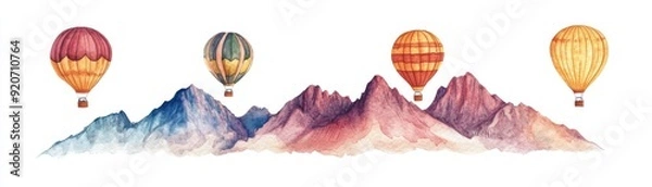 Obraz A watercolor of hot air balloons soaring over the Sandia Mountains, majestic and scenic, isolated on white background
