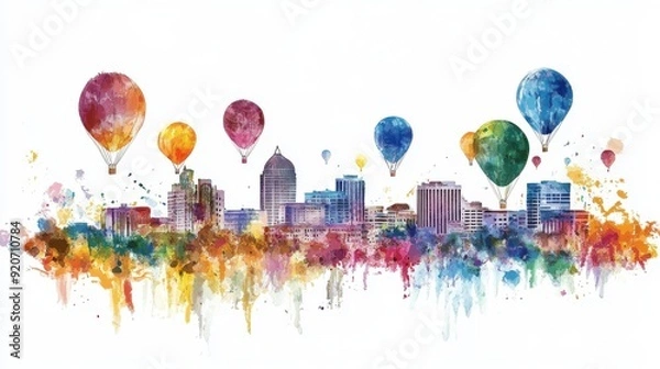 Obraz A watercolor painting of the Albuquerque skyline with balloons overhead, scenic and vibrant, isolated on white background