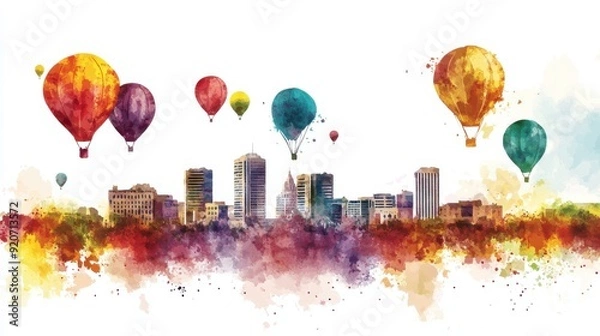 Obraz A watercolor painting of the Albuquerque skyline with balloons overhead, scenic and vibrant, isolated on white background