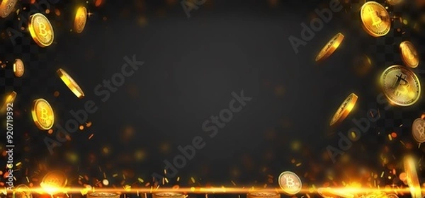 Fototapeta Abstract background with falling gold coins on dark background.  Golden coins raining down with sparks.