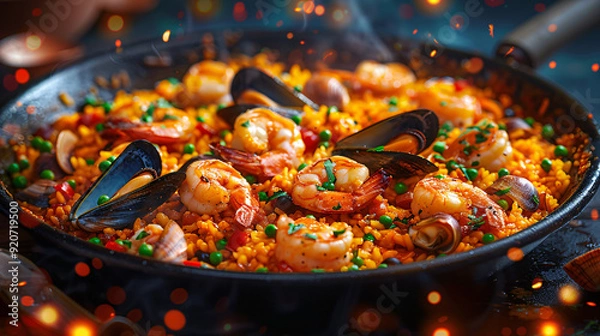 Obraz The table in the restaurant with Spanish paella