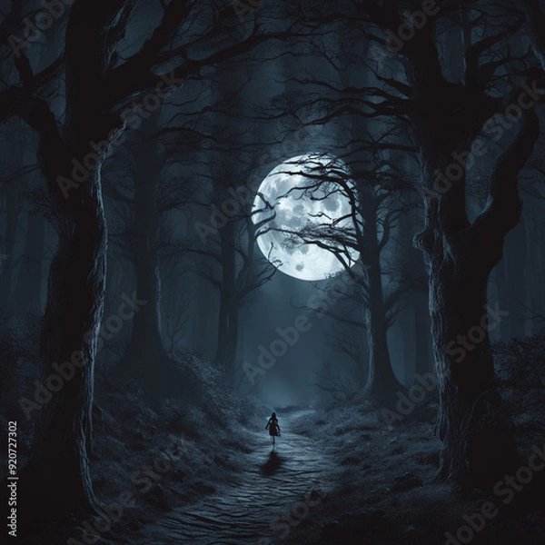 Fototapeta A dark, misty forest at night, lit only by the pale glow of the moon. A little girl in a black dress wanders alone among twisted trees with gnarled branches, ominous, spooky and scary ambient