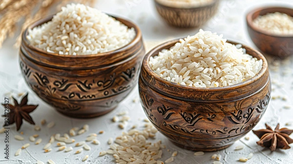 Fototapeta Two wooden brown bowls of plain rice isolated on white