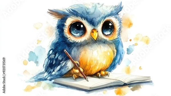 Fototapeta Adorable Chibi Owl Watercolor of Cute Bird Perched and Writing or Drawing in a Notebook on a Simple White Background