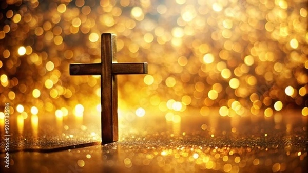 Fototapeta christian cross on beautiful gold bokeh background