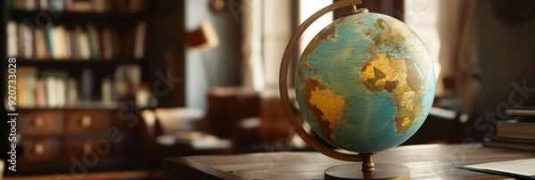 Fototapeta A classic desktop globe in an elegant wooden study room, capturing the essence of vintage exploration and the quest for worldwide knowledge.