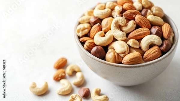 Fototapeta A bowl filled with a variety of nuts, set on a white table with cashews scattered nearby, offering a fresh and wholesome snack option. \