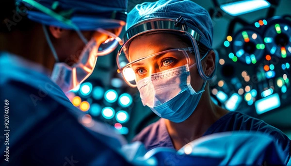 Fototapeta Surgical team in the operating room, talking against the background of medical equipment