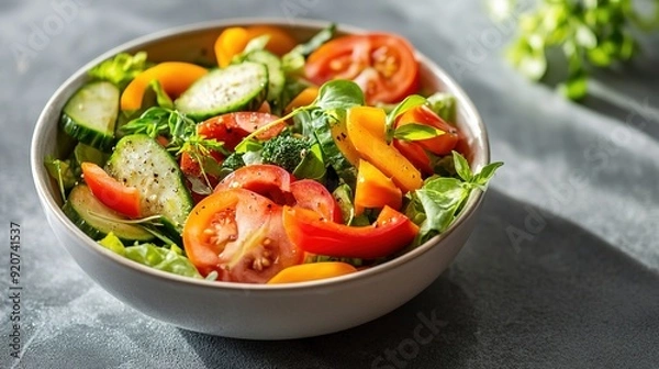 Fototapeta Fresh salad with juicy tomatoes, greens, and cucumbers in white