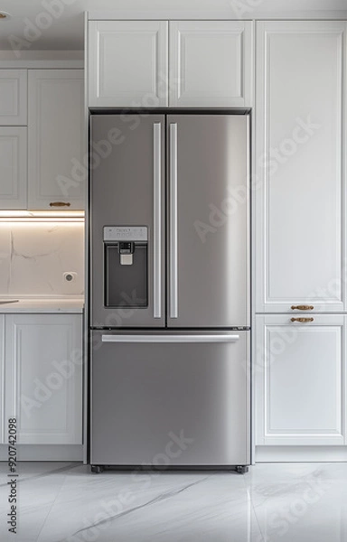 Fototapeta Photorealistic grey refrigerator with two doors, placed in the center of the kitchen, white walls and cabinets, product photography, studio lighting