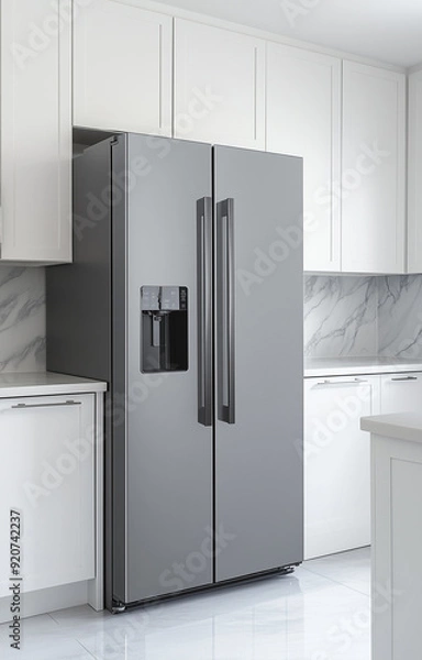Fototapeta Photorealistic grey refrigerator with two doors, placed in the center of the kitchen, white walls and cabinets, product photography, studio lighting