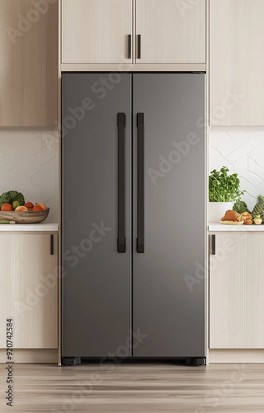 Fototapeta Photorealistic rendering of a gray refrigerator in the kitchen, with white walls, light wood cabinets, and black metal accents