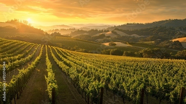 Fototapeta Glistening morning sun shines over a large vineyard nestled in scenic hills, showcasing rows of vibrant grapevines and capturing the essence of rural tranquility.