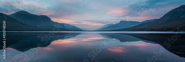 Fototapeta A serene lake at dusk, perfectly still water reflecting the gradients of a beautiful sunset with mountains in the background.