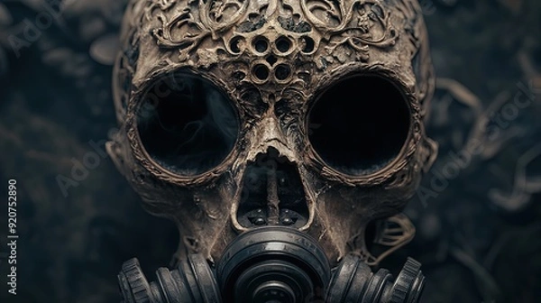 Fototapeta Intricate Eerie Skull with Organic Patterns and Gas Mask: A Unique Art Poster Perfect for Sporty Interiors and Gothic Decor on a Shadowy Backdrop
