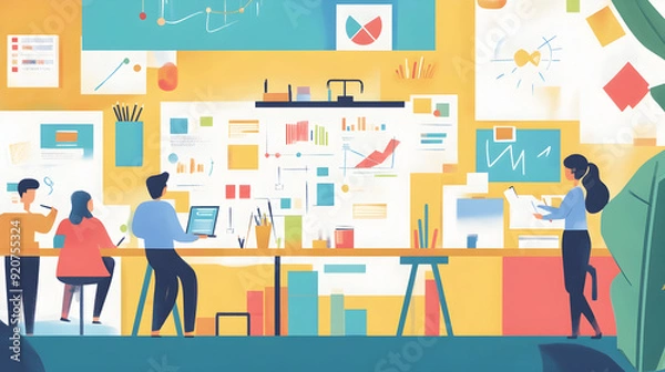 Fototapeta  A creative workspace filled with tools, brainstorming boards, and employees developing innovative solutions