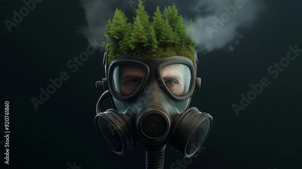 Fototapeta A surreal image of a person in a gas mask with a forest landscape emerging from their head, symbolizing environmental awareness.