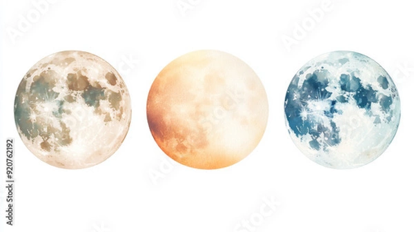 Fototapeta A set of watercolor illustrations depicting full moons in different color tones, perfect for celestial-themed projects and designs.
