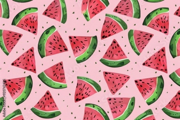 Obraz Hand-drawn seamless background with slices of watermelon. Beautiful simple AI generated image in 4K, unique.