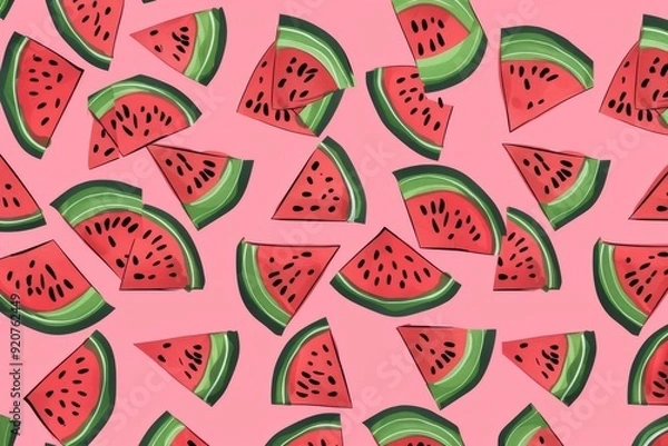Fototapeta Half-cut Watermelon Fruits Logo seamless pattern Flat Design Cartoon Vector. Beautiful simple AI generated image in 4K, unique.