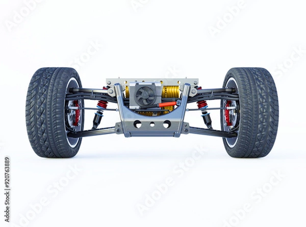 Fototapeta 3d rendering illustration electric car drive with batteries front view isolated on white background with shadow