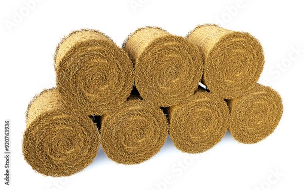 Fototapeta 3d rendering illustration group of hay bales cylindrical front view isolated on white background with shadow