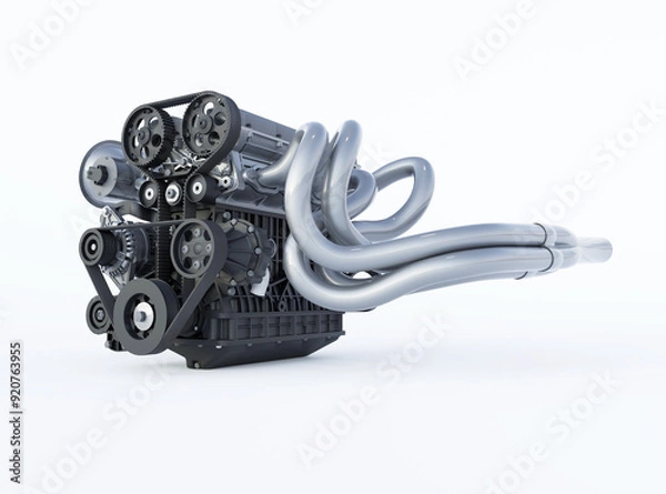 Fototapeta 3d rendering illustration of modern car engine with turbocharger isolated on white background with shadow