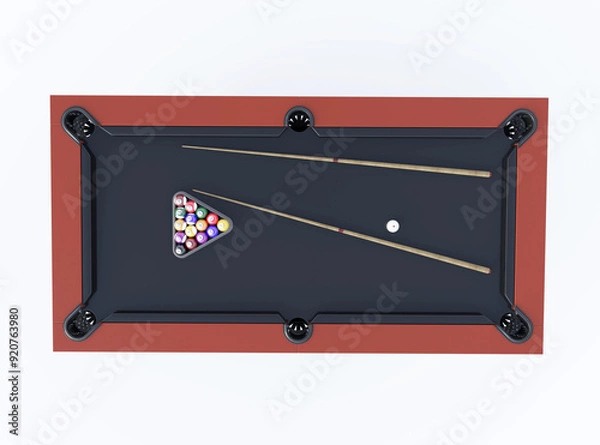 Fototapeta 3d rendering illustration of a pool table with black cue inserts and layers isolated on white background with shadow