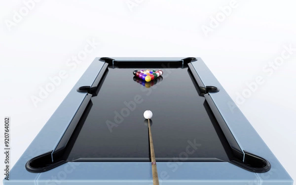 Fototapeta 3d rendering illustration of pool table blue with black cue inserts and layers for playing isolated on white background with shadow