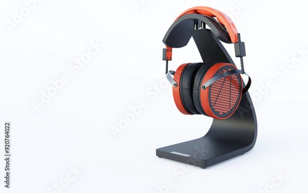 Fototapeta 3d rendering illustration of red wireless headphones on stand isolated on white background with shadow