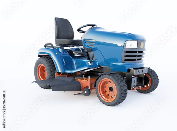Fototapeta 3d rendering illustration tractor lawnmower side view isolated blue on white background with shadow