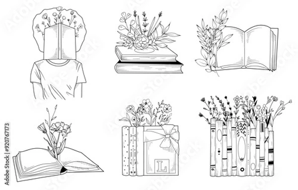 Obraz Line drawing floral book set, vector hand drawn line art illustration of stack of books with wildflowers, open book with flowers