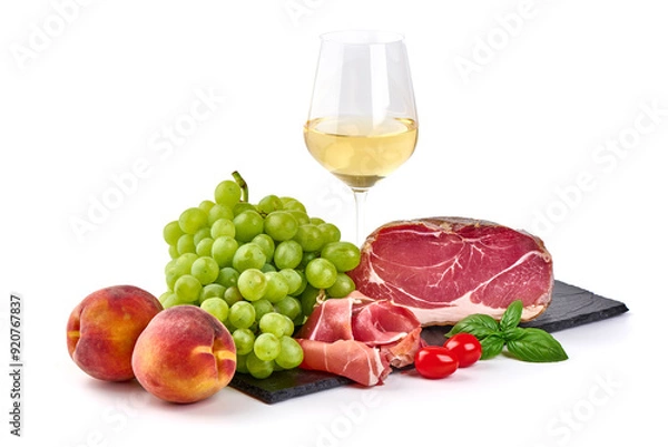 Obraz Italian prosciutto crudo or spanish jamon with grape, isolated on white background.