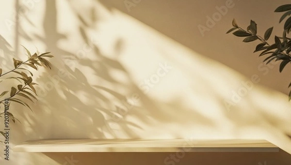 Fototapeta Close-Up of Empty Wooden Shelf Against Beige Wall with Soft Shadows and Natural Light