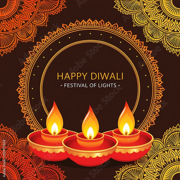 Fototapeta happy diwali background with burning candles, dark and blurred background
