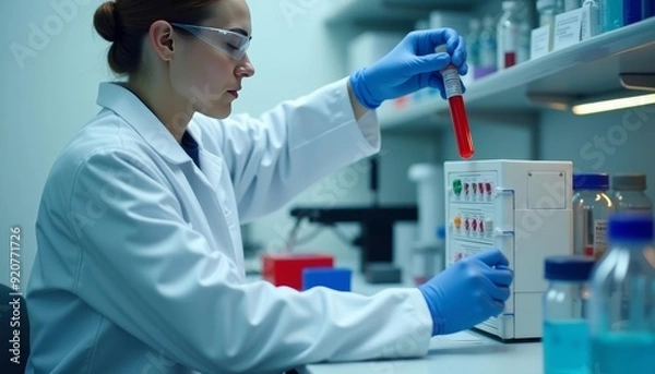 Fototapeta  Precision in the lab  A scientist carefully measures a sample