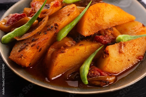 Obraz fried potatoes with paprika sauce. crispy fried patata bravas, fried potatoes with smoked paprika sauce