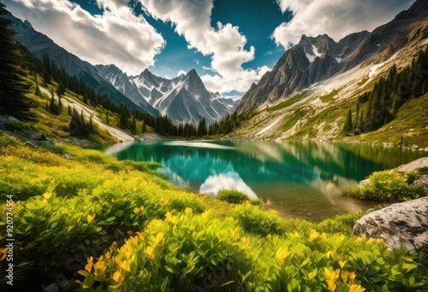Fototapeta stunning landscape showcasing majestic beauty breathtaking views scenic vistas, nature, mountains, trees, scenery, sky, clouds, sunlight, horizon, river