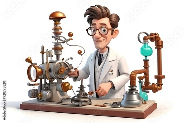 Fototapeta Eccentric inventor with a lab coat and quirky gadgets, working on a strange contraption in 3D style on a white background. Made with generative AI technolo