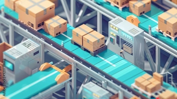 Fototapeta Futuristic Isometric Warehouse with IoT-Integrated Conveyor Belts for Efficient Inventory Control