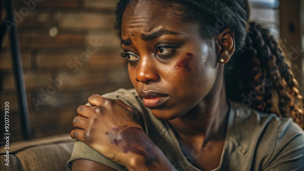 Fototapeta A young black woman with bruises on her arm, showing signs of physical abuse, with her head turned away in sadness. Abstract background.