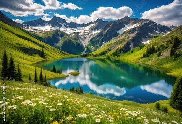 Obraz breathtaking landscapes featuring lush majestic vivid blue skies vibrant natural setting, scenery, nature, mountains, greenery, sky, outdoor, view