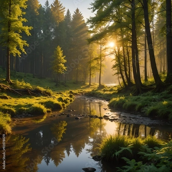 Fototapeta sunlit forest stream with golden light